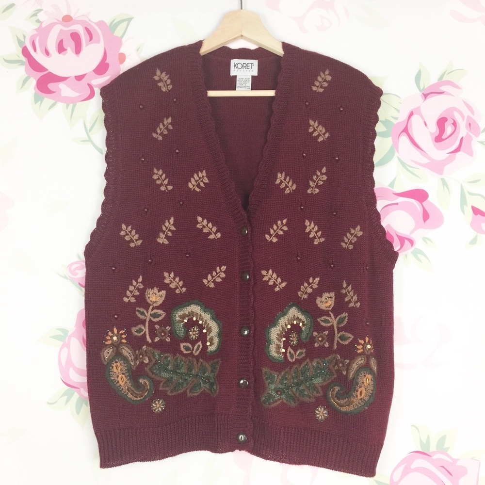 Vintage Koret Grandmacore Cottagecore Floral Embroidered Sweater Knit Vest L